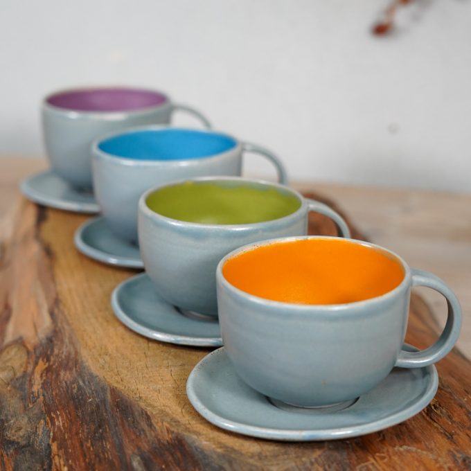 Double coloured cappuccino mug with saucer