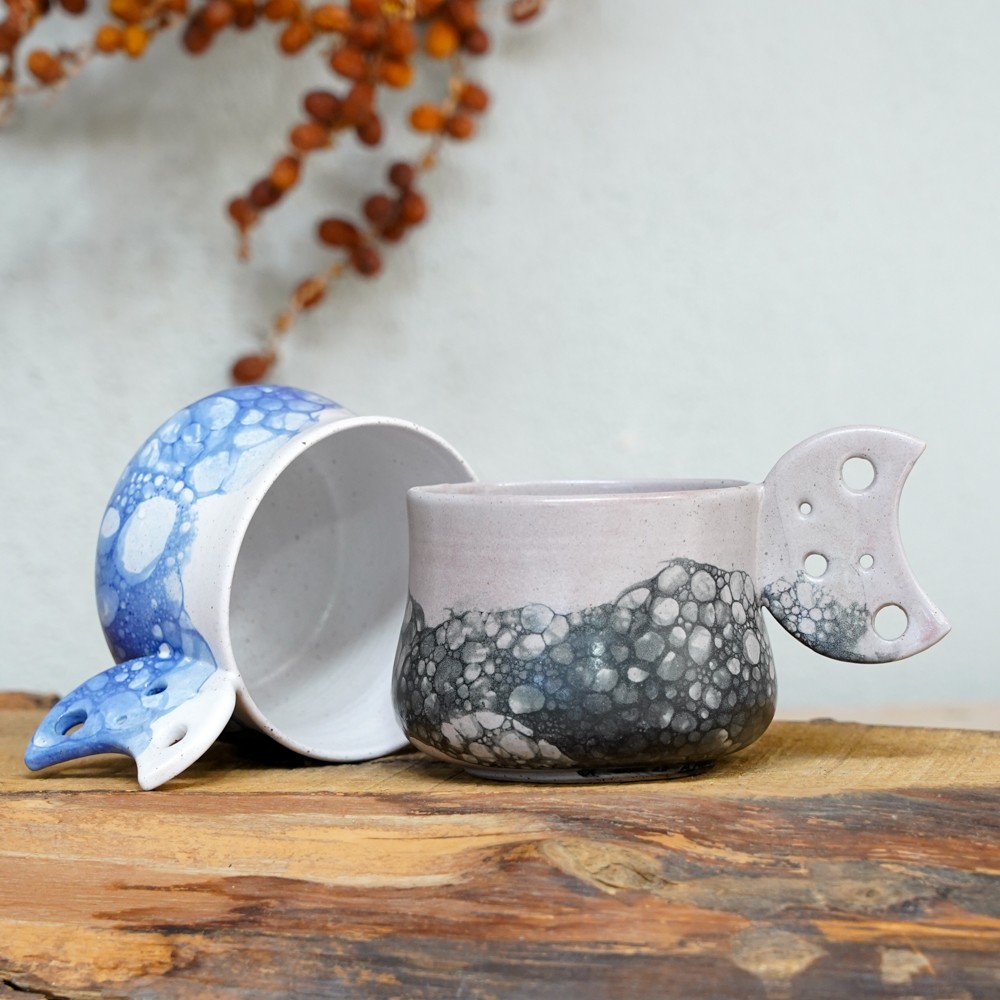handmade ceramic bubbles mug with sculpted handle