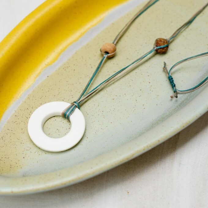 waxthread necklace with matte white ceramic ring