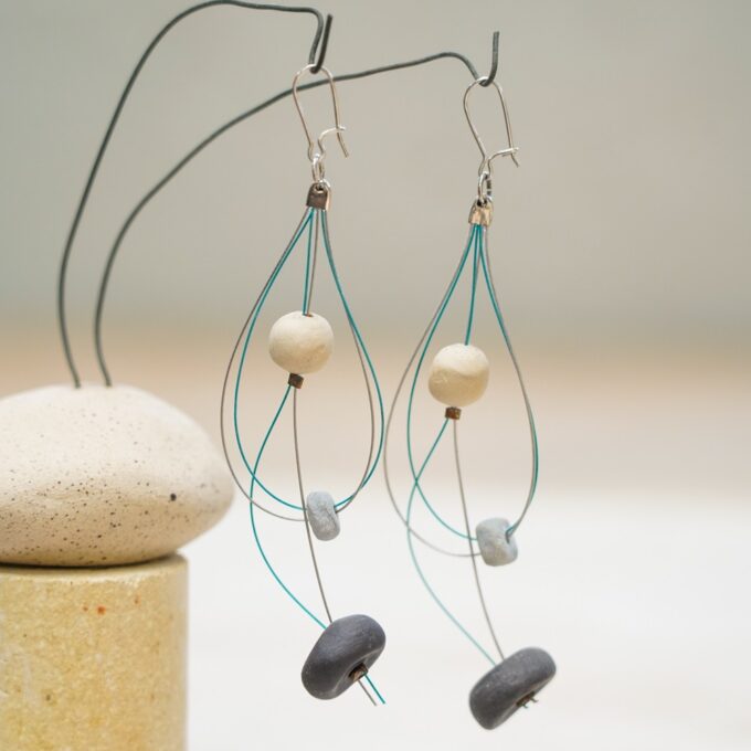 looped wire earrings with ceramic stones in neutral tones