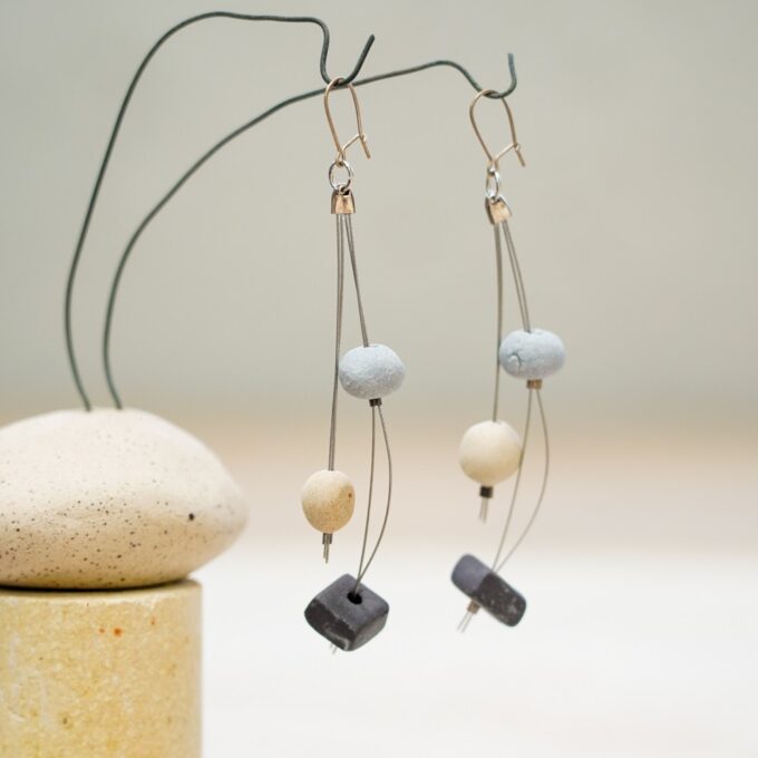 vertical wire earrings with stacked ceramic stones