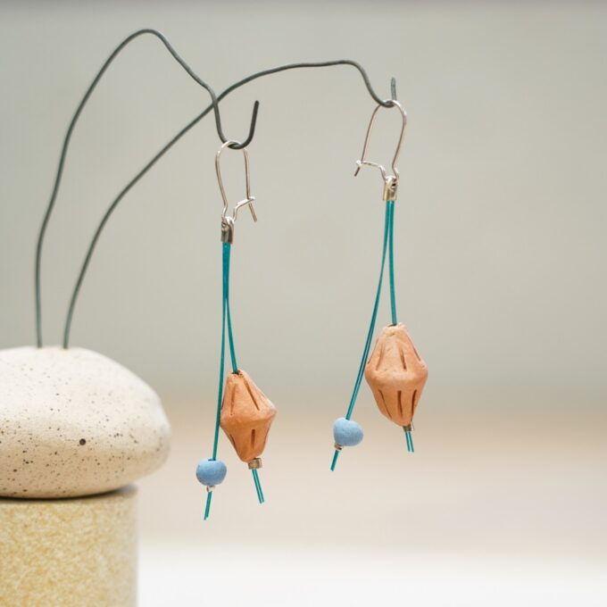 waxthread earrings with handmade ceramic sculpted elements