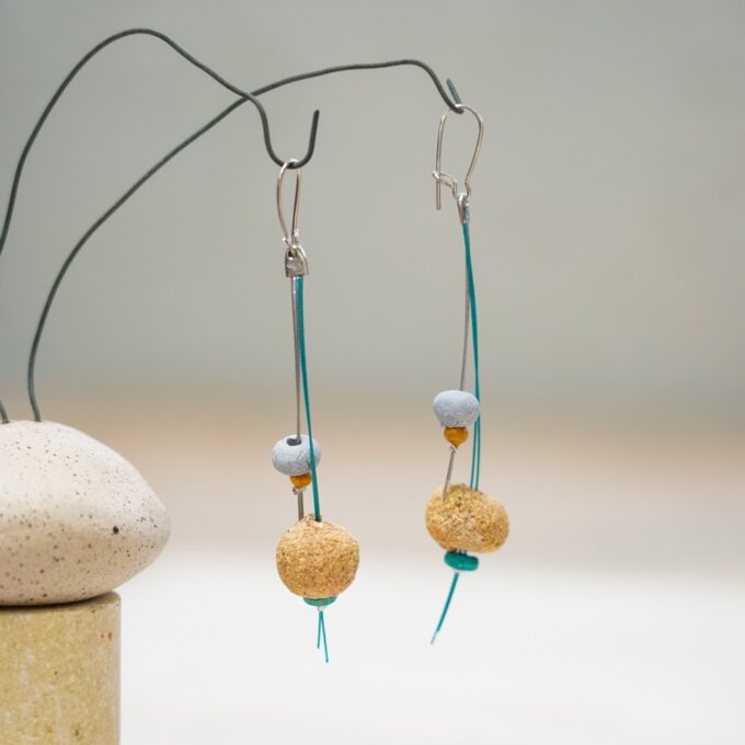 sand bead ceramic wire earrings with turquoise wire detail