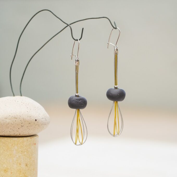 porcelain bead wire earrings with golden accent details