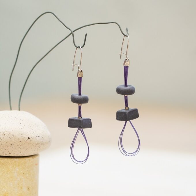 vertical porcelain wire earrings with dark ceramic beads