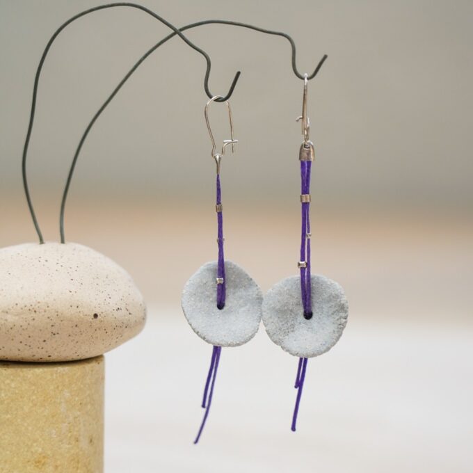 ceramic disc earrings with purple waxed thread