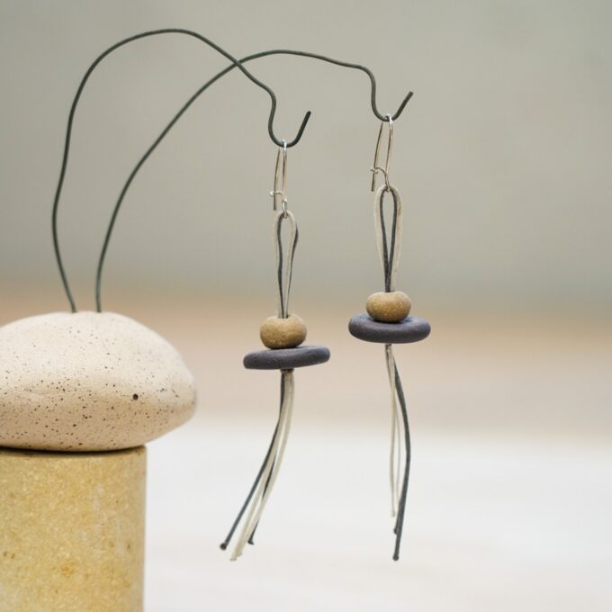 waxthread earrings with stacked handmade ceramic elements