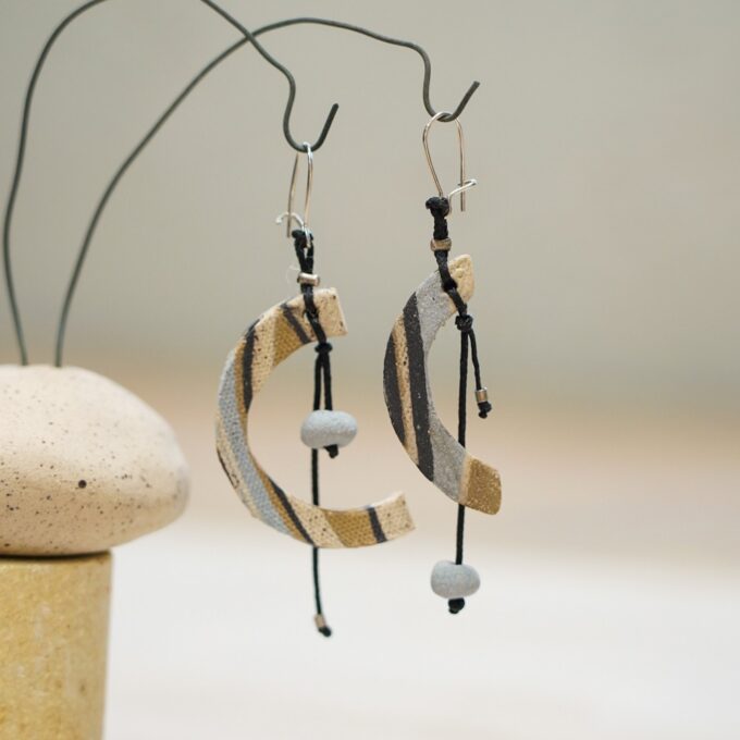 Crescent earrings with waxed thread and handmade ceramic elements