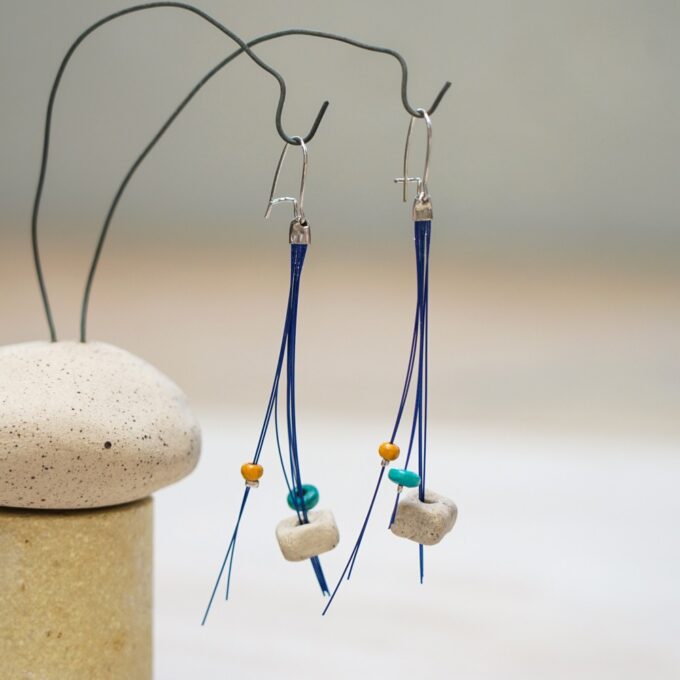 handmade wire earrings with ceramic cube beads