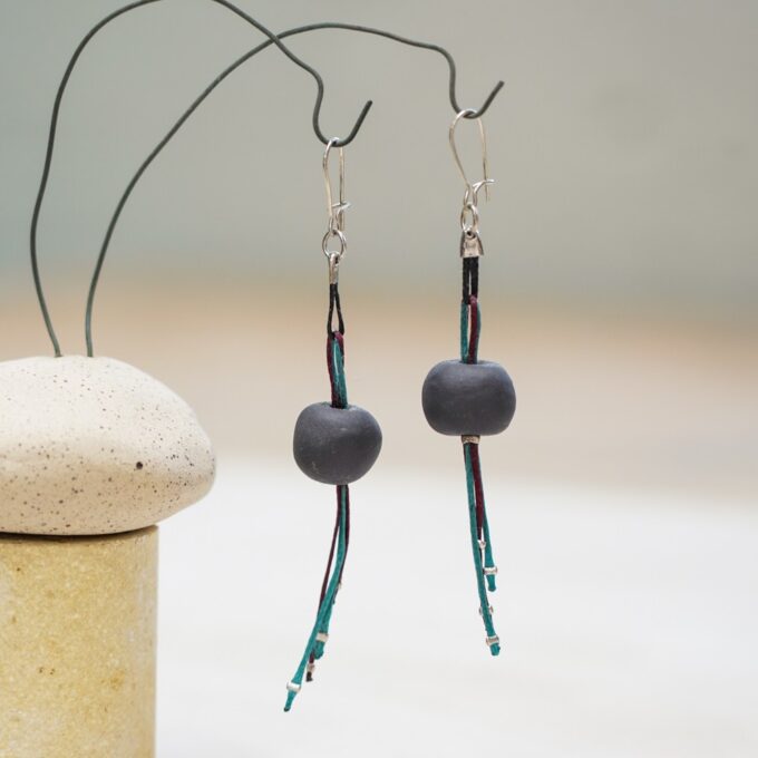 Contemporary minimal earrings with handmade ceramic and waxed thread