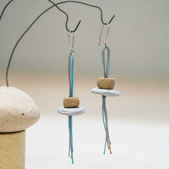 Minimal earrings with waxed thread and stacked handmade ceramic elements