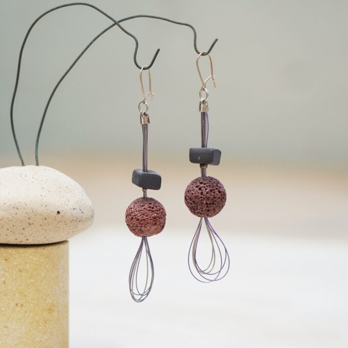 handmade wire earrings with porous ceramic sphere beads