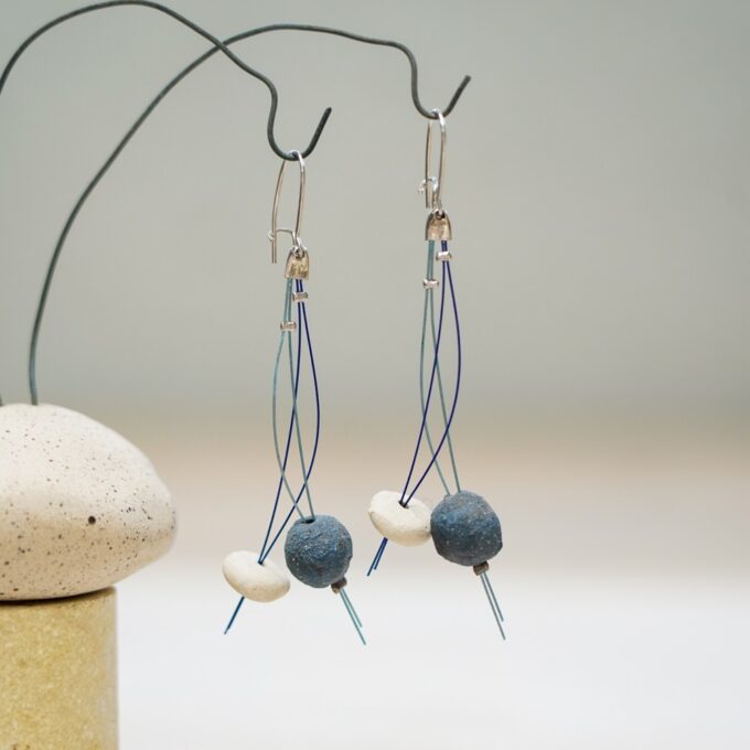 handmade wire earrings with spherical and disc ceramic beads