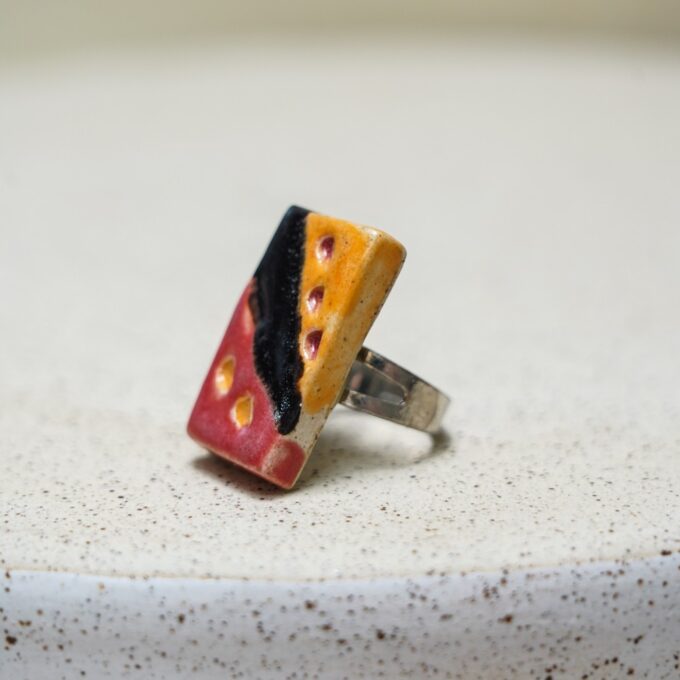 ceramic ring with tri-colour handmade ceramic element