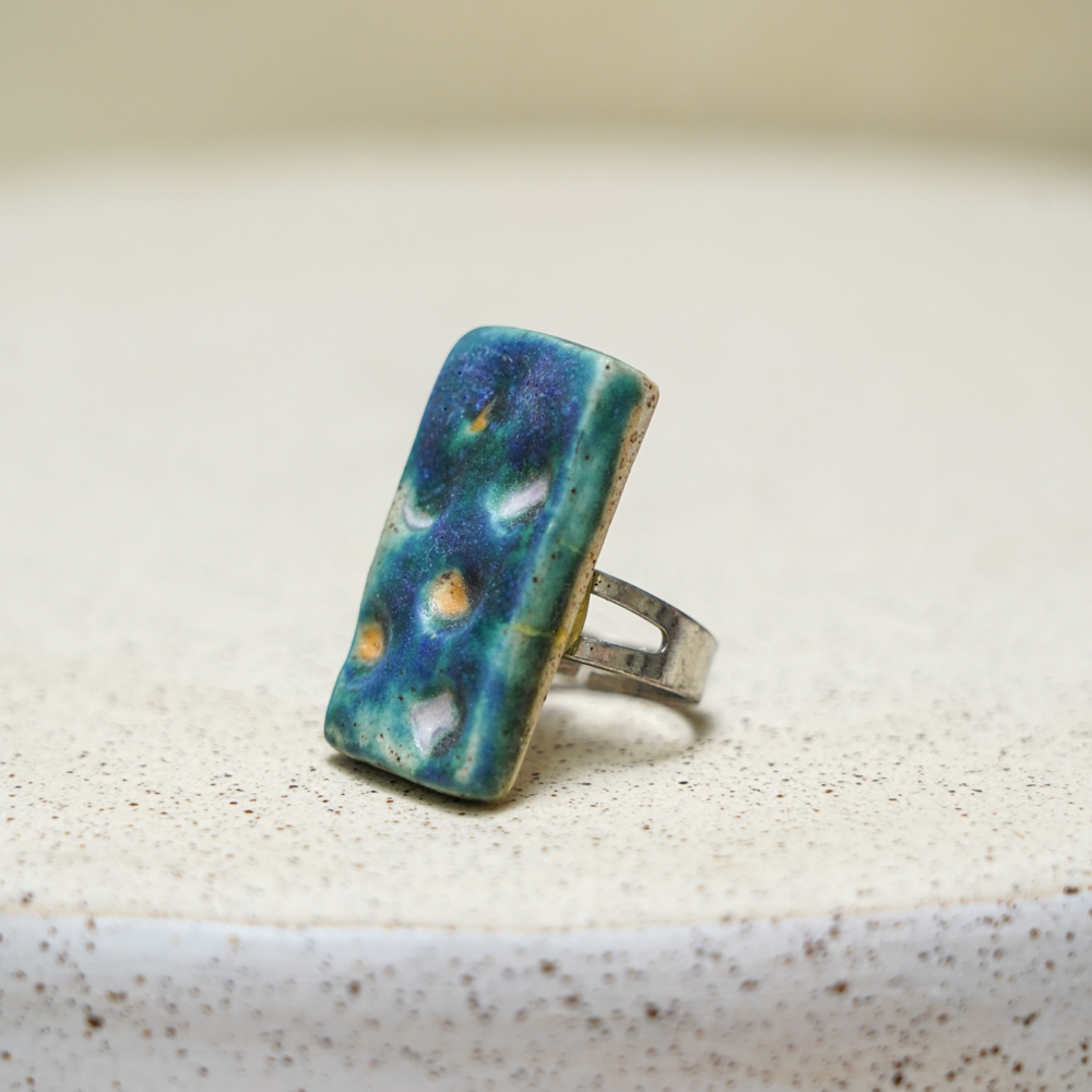 • ceramic ring with blue and green handmade ceramic element