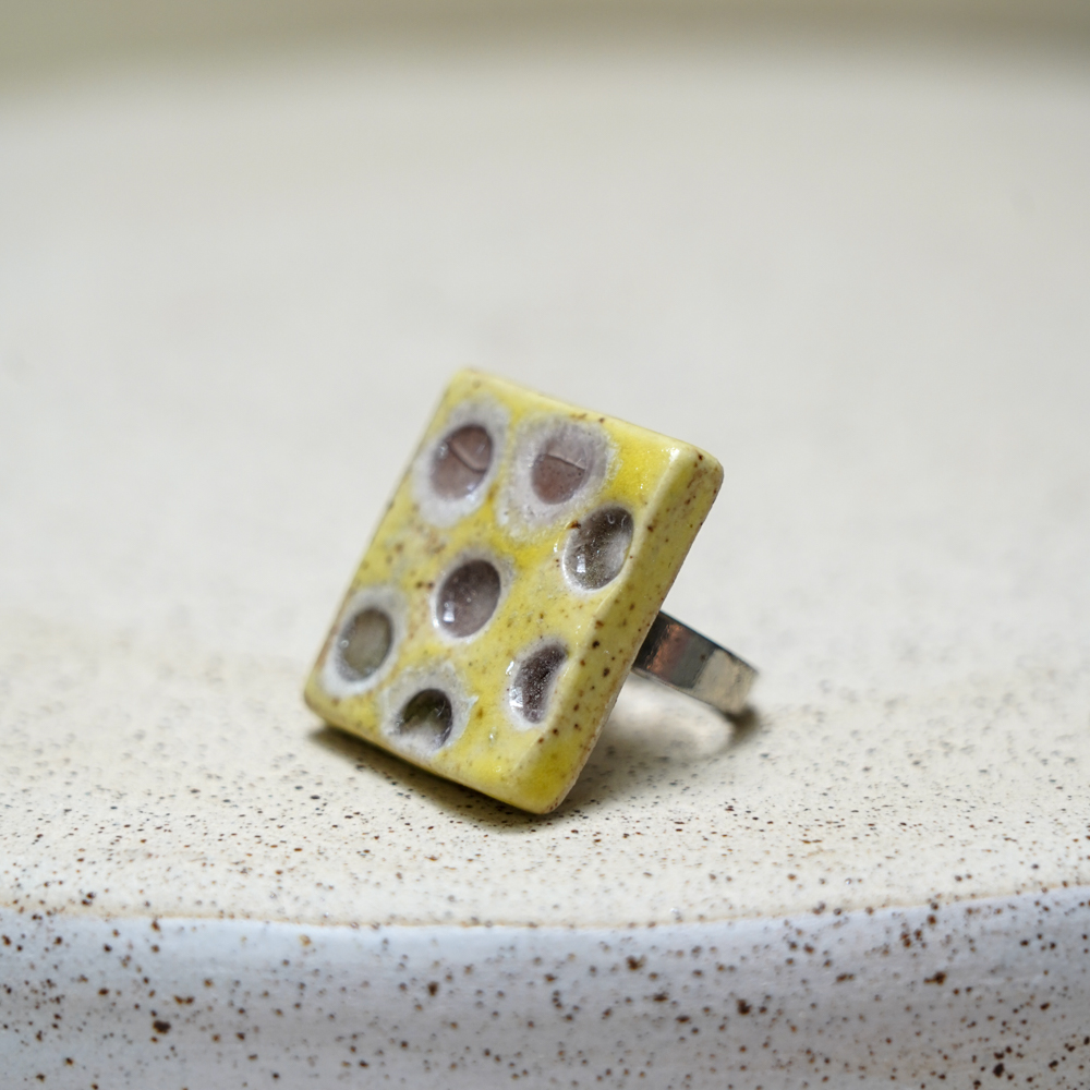 handmade square ceramic ring with yellow glaze