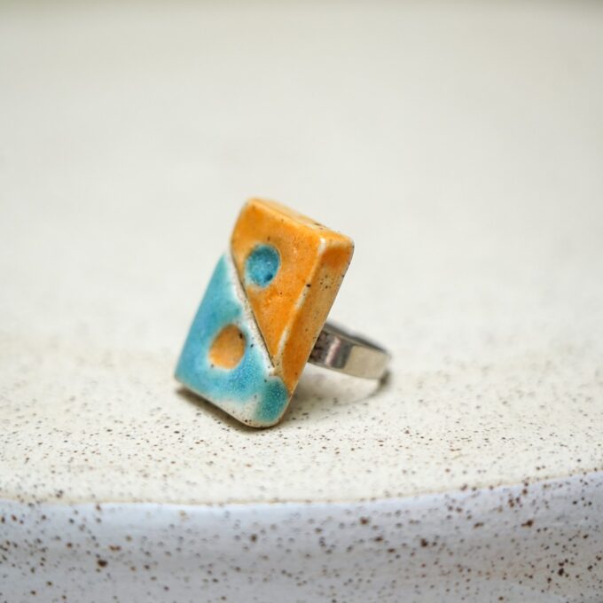 two tone ceramic ring in orange and turquoise