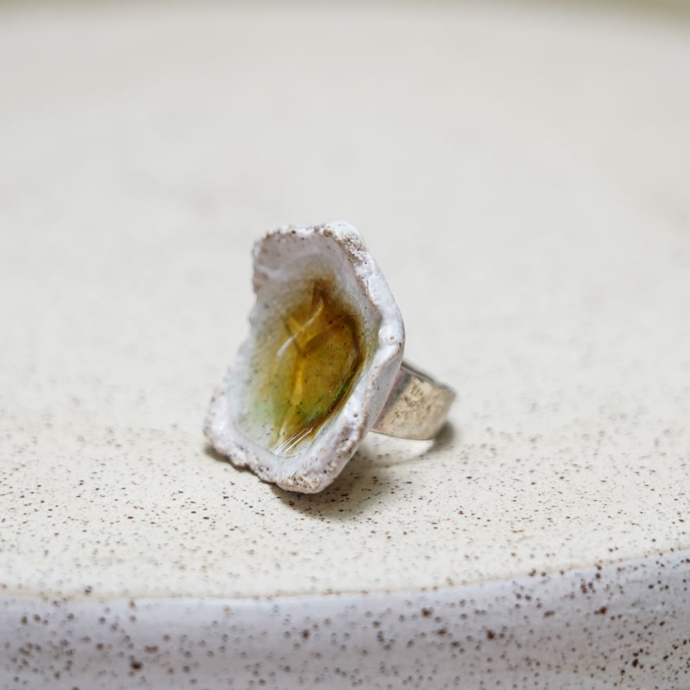 handmade organic ceramic yellow green glass ring